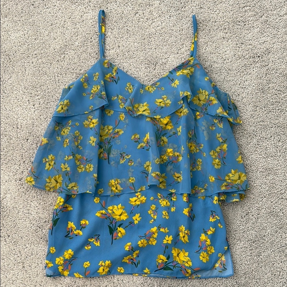 Goen.J Floral Ruffle Top | Size Small (4) | Blue & Yellow